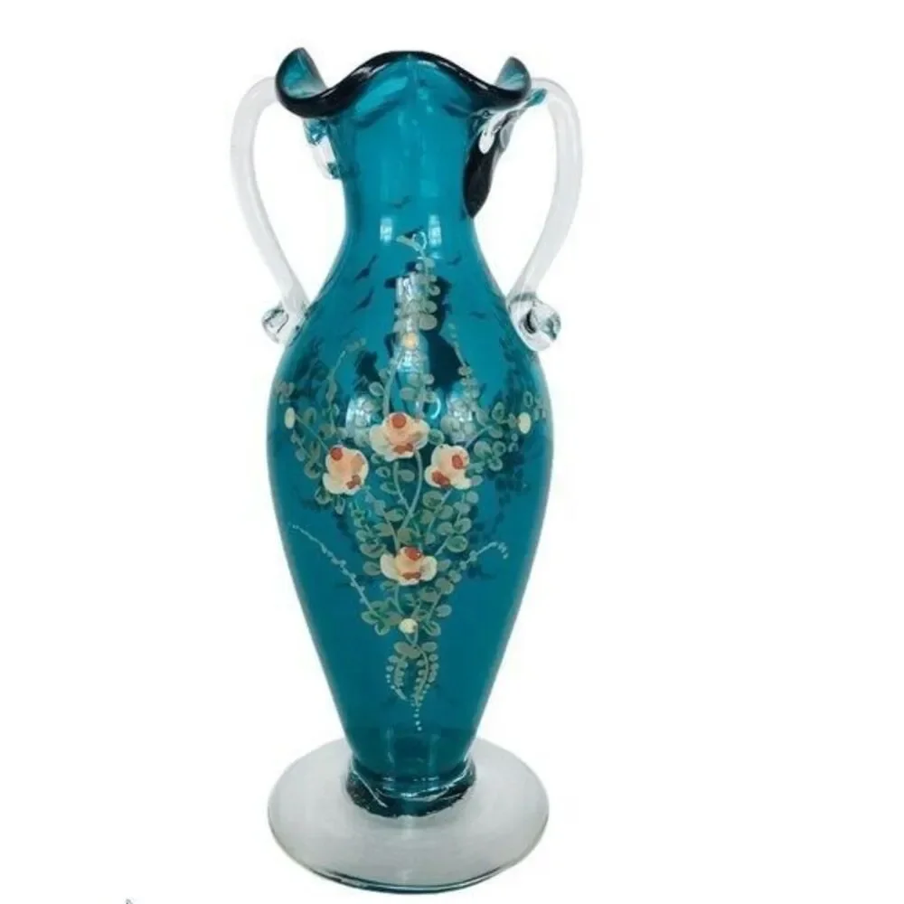 1900s Victorian Hand Painted Teal Gold Leaf Floral Blown Glass Ruffle Vase